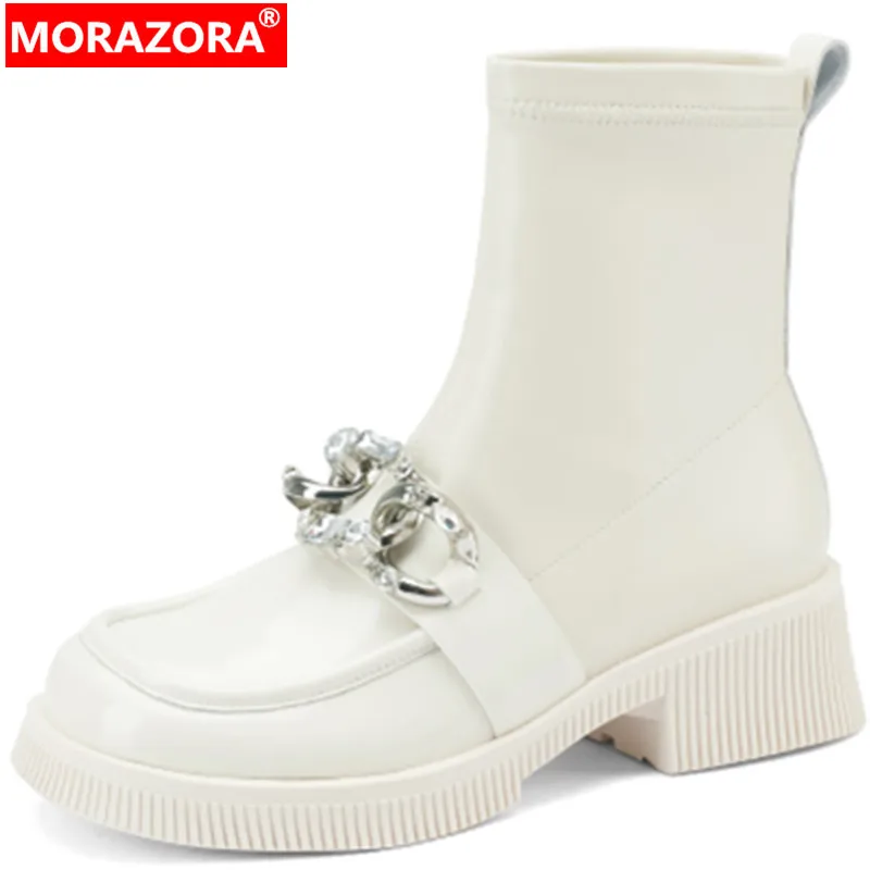 

MORAZORA 2022 New Winter Stretch Ankle Boots Rhinestone Genuine Leather Boots Woman Popular Square Med Heels Shoes