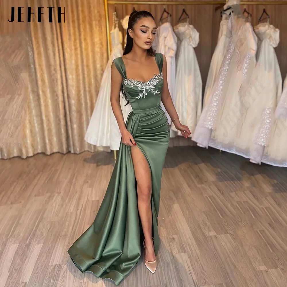 JEHETH Modern Spaghetti Straps Prom Gowns For Women Sweetheart Applique Party Gowns Side Split Mermaid Satin vestidos de noche