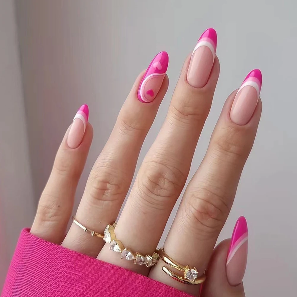 Parche de uñas postizas de 24 piezas, Uñas postizas largas y puntiagudas, de color rosa degradado, con diseño