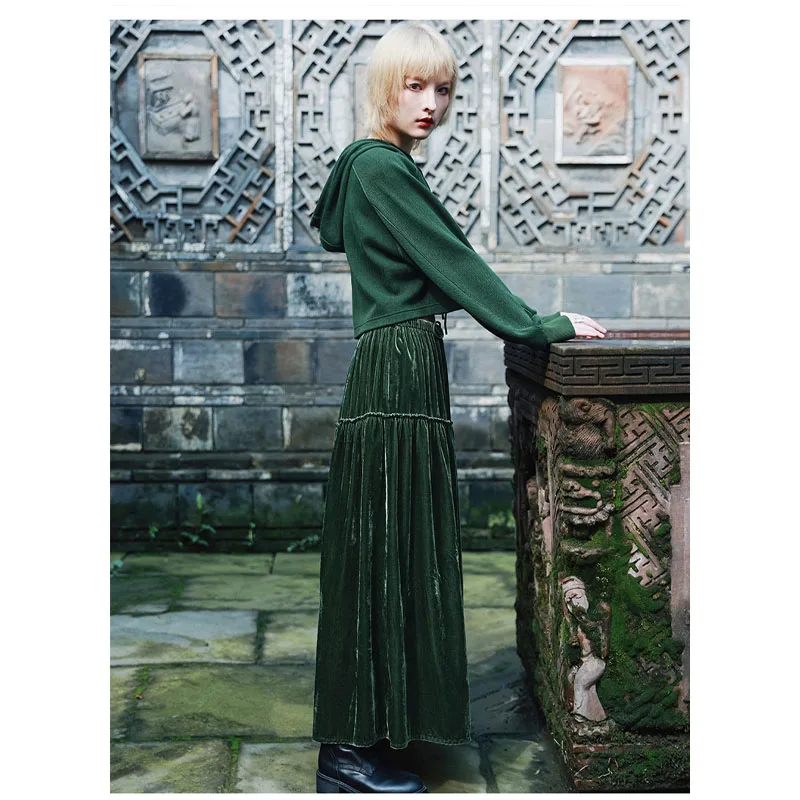 

Spring and Autumn Women's Mulberry Silk Velvet Hemline Maxi Skirt Splicing Lace-up Skirt Dark Green Smooth Glossy Draping Skirt