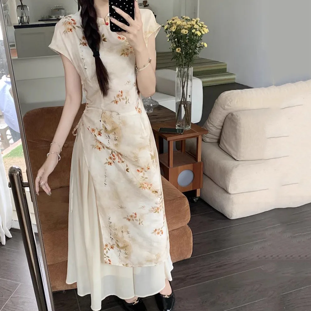 2024 New Chinese Dress/Skirt Set Women's Stand Neck Elegant Temper Qipao Dress + Elastic Waist Chiffon A-line Skirts 2 Piece Set