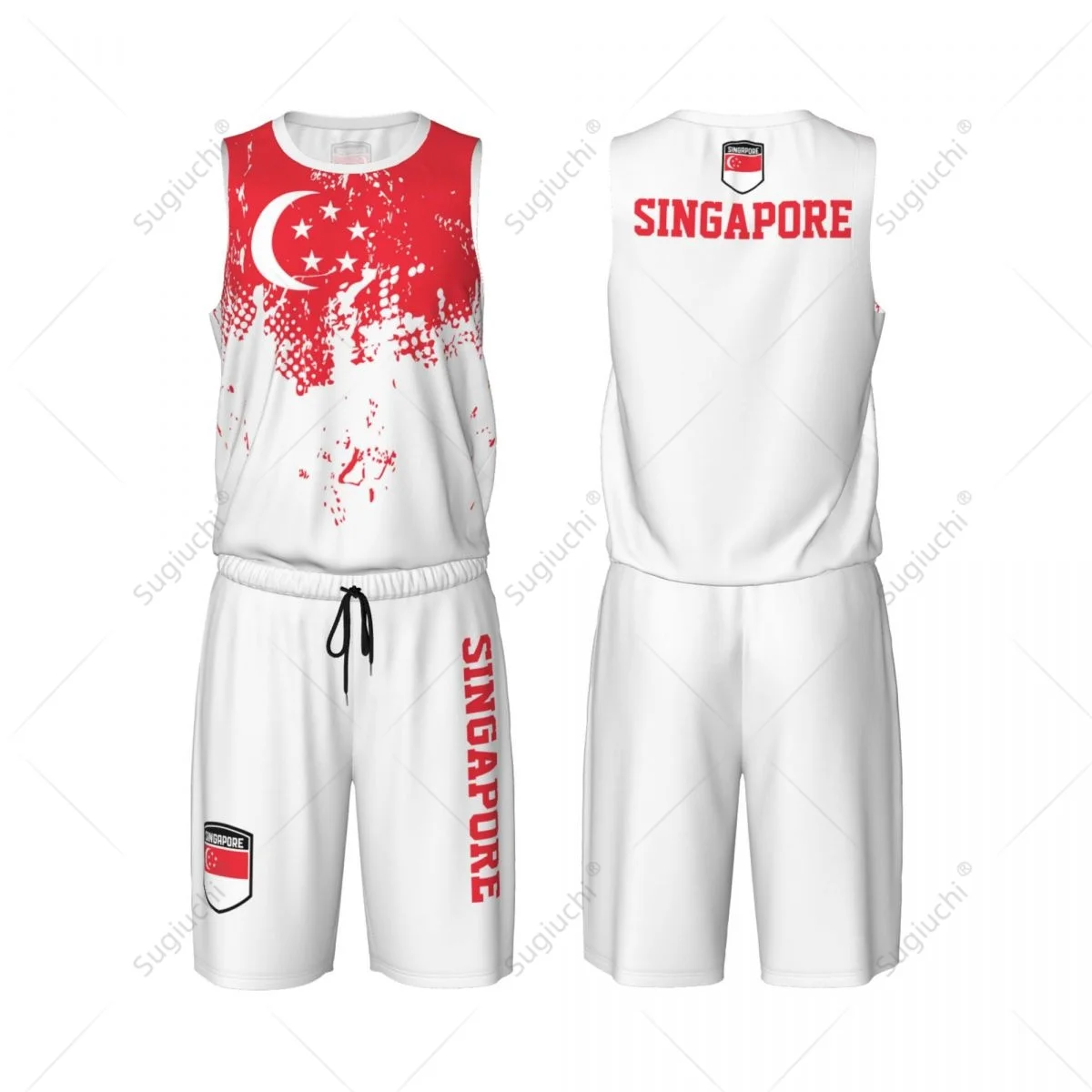 Singapore Flag Grain Men Basketball Set Shirt & Pants Sleeveless