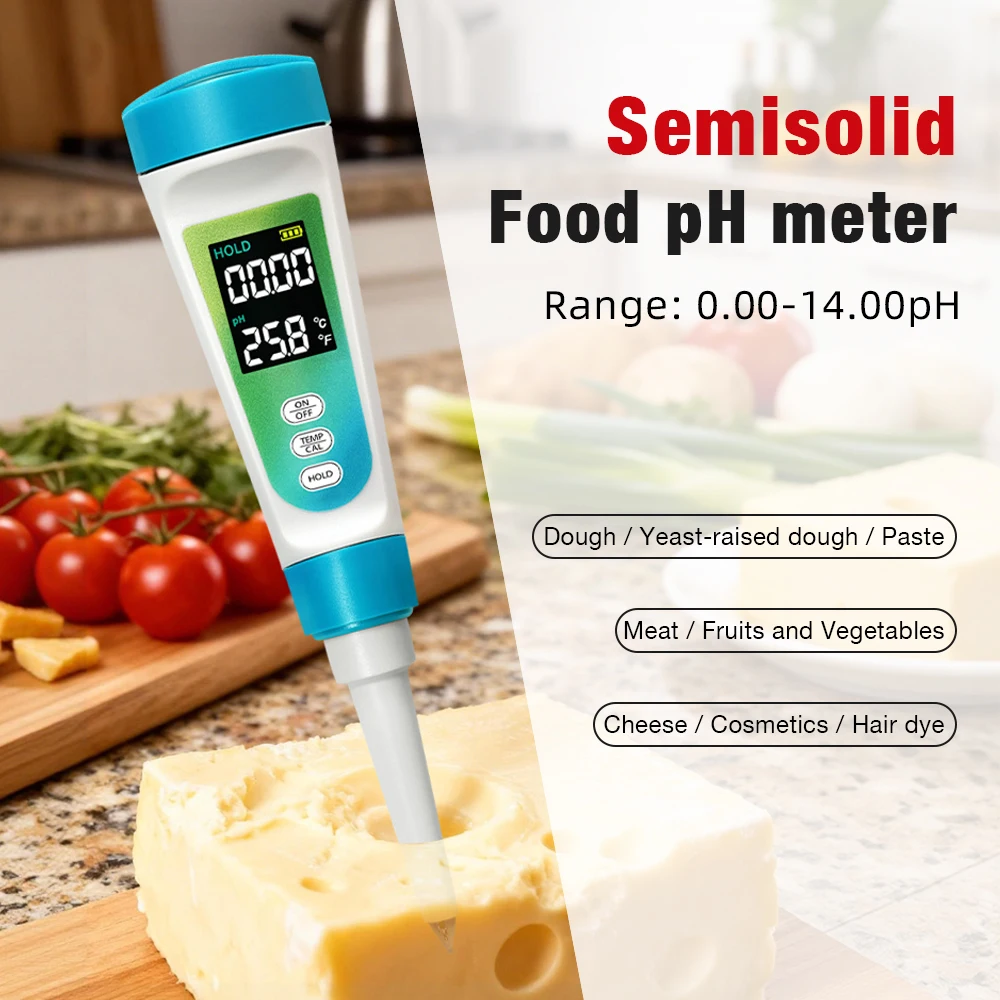 Digital Acidity Tester 0.00~14.00pH Food PH Meter Temperature Meter High Accuracy Water Quality Detector for Meat Dough Water