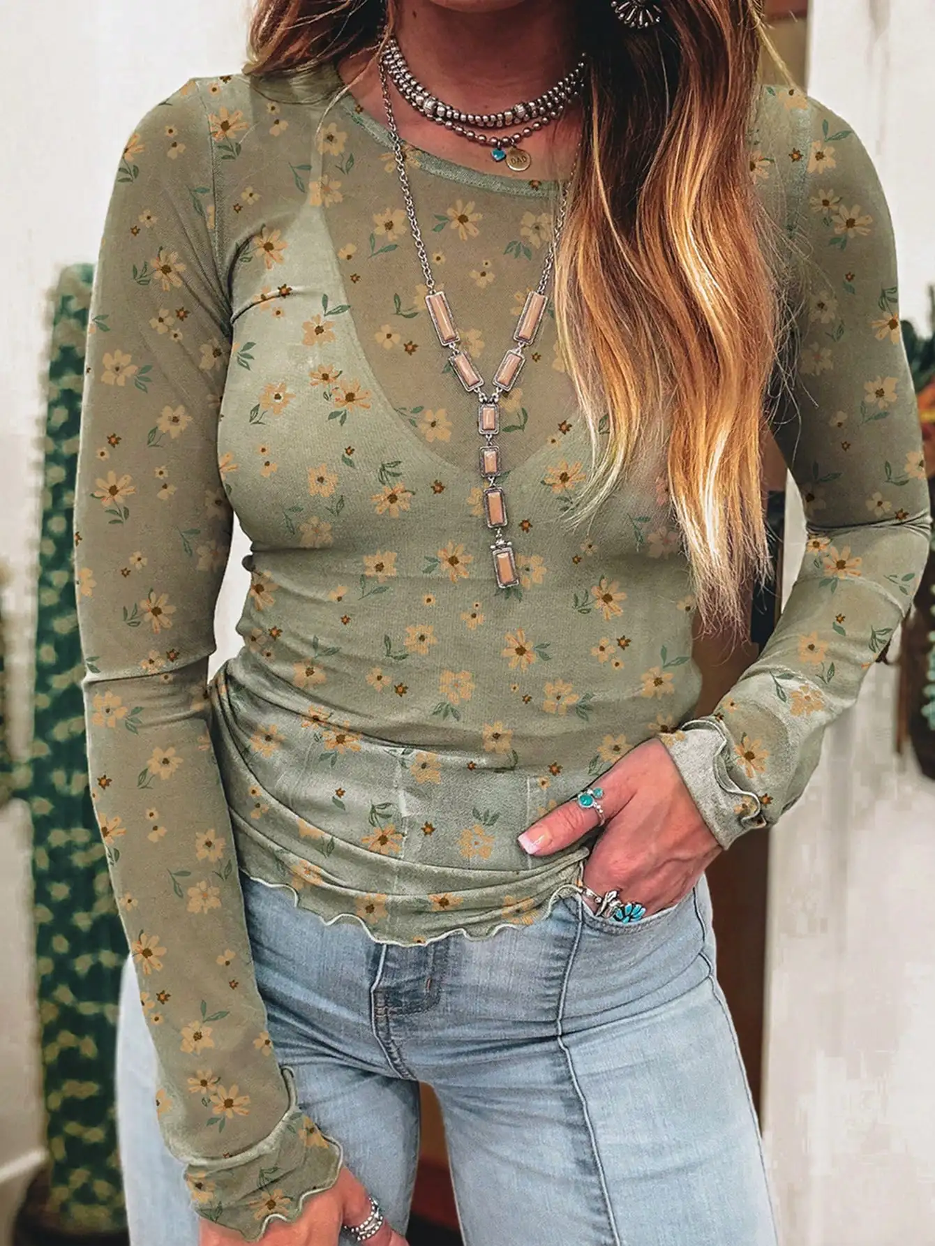

Women's Vintage Floral Print Long Sleeve Sheer Top, Gulf Green, Resort Style, Autumn