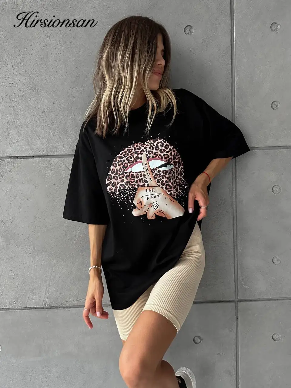 Hirsionsan 2024 Sexy Lips Printed T Shirt Women Summer Loose Casual Soft Leopard Graphic Female Clothing Cotton Lady Tops Y2k