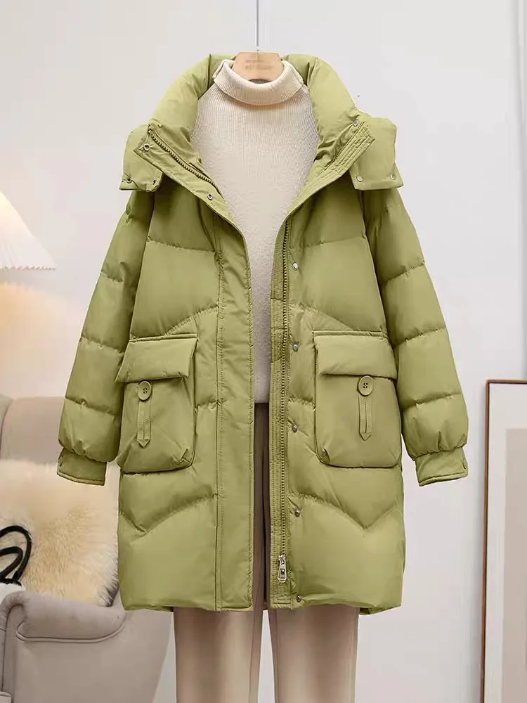 

Winter Hooded Mid Length Warm Down Jacket Women White Duck Down Zipper Down Jackets Female Waterproof Big Pocket Parker Outwears
