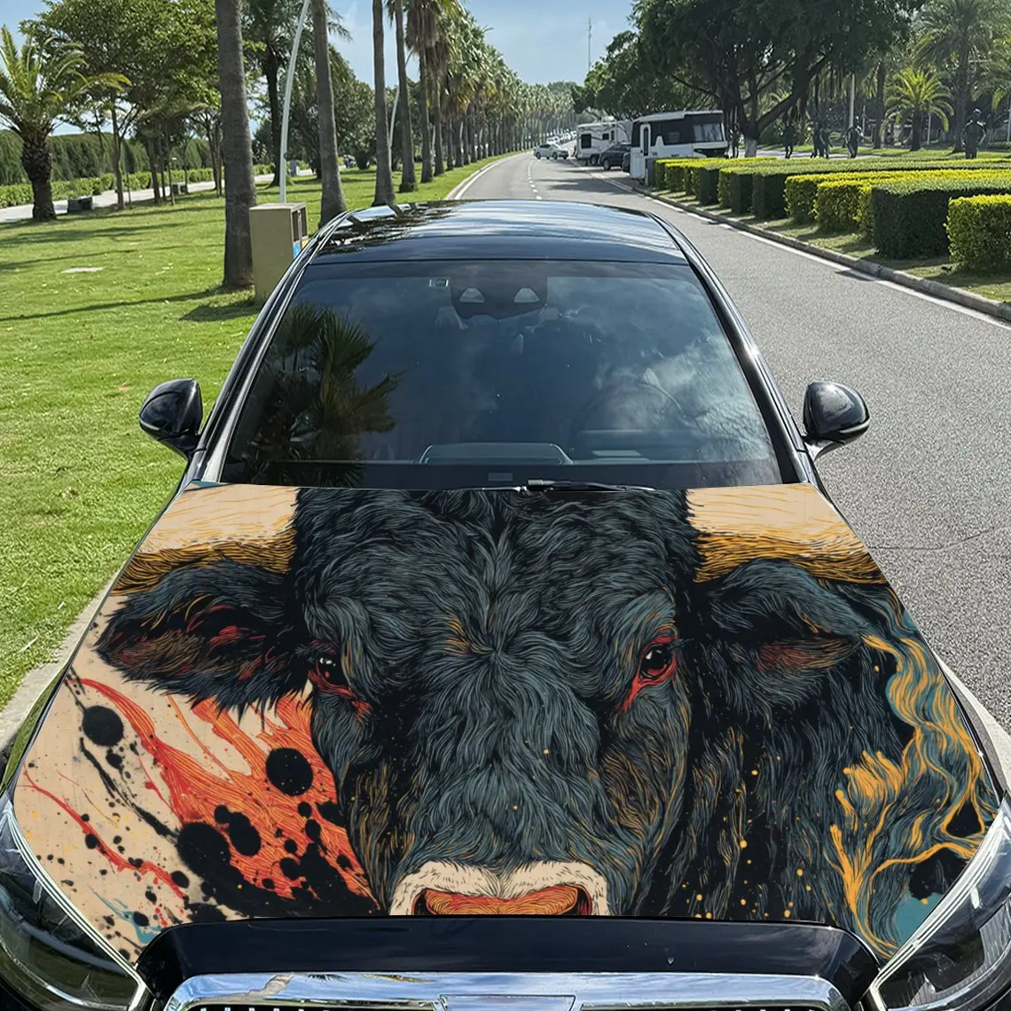 

Powerful - Style Ferocious Bull PVC Car Engine Hood Vinyl Wraps, Self-Adhesive Waterproof Car Hood Decal Sticker, Car Decoration