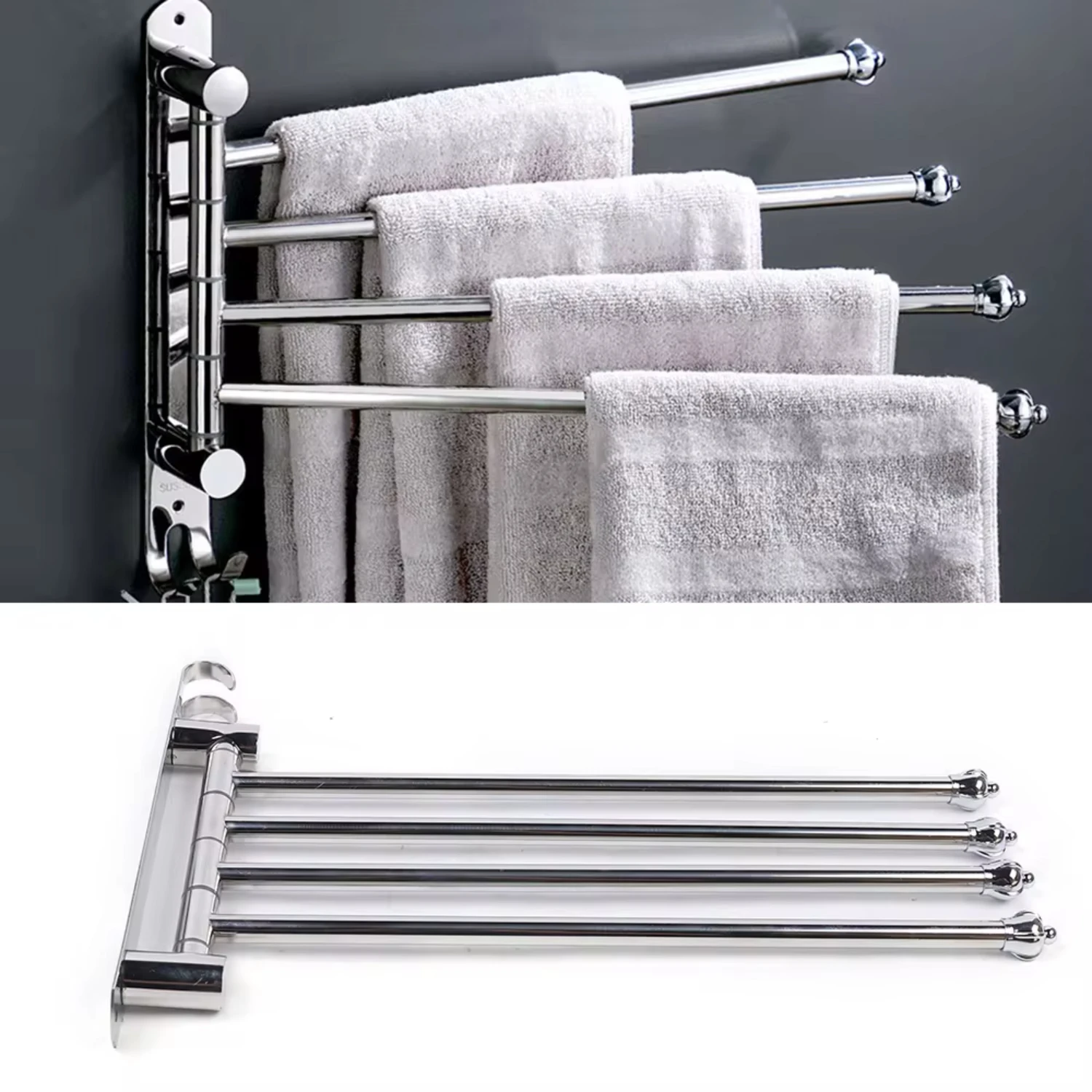 Bathroom Swivel Towel Rail Rack 4-Arm Stainless Steel Towel  Wall-Mounted Shelf Wall Hanger Organizer Stand