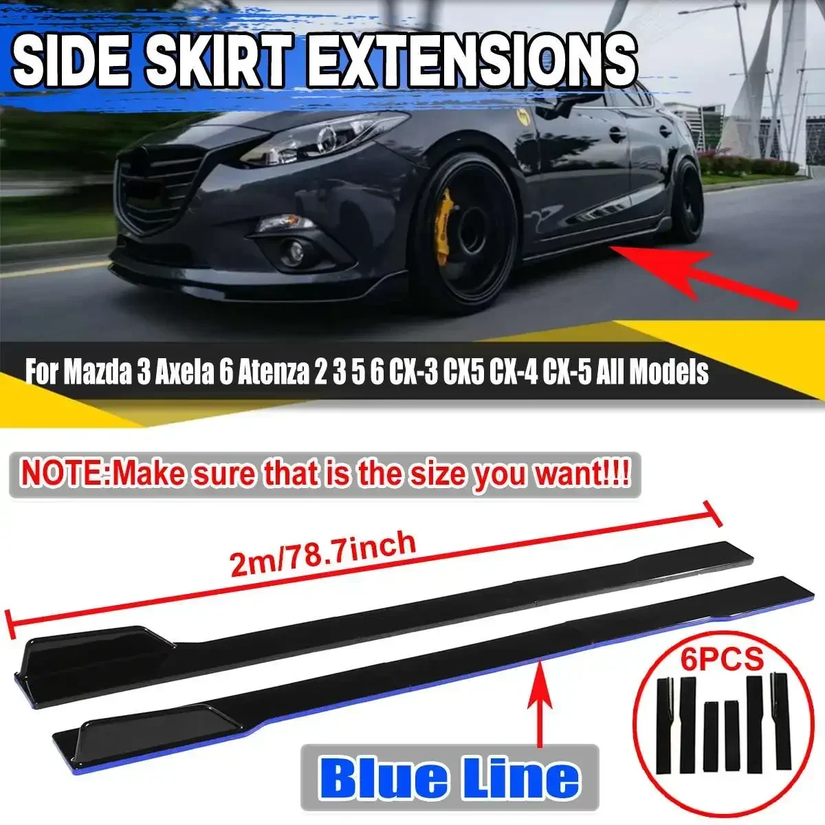 

2m Car Side Skirt Extensions Splitters Lip For Mazda 3 Axela 6 Atenza 2 3 5 6 CX-3 CX5 CX-4 CX-5 MX5 RX8 For Miata 323 Body Kit