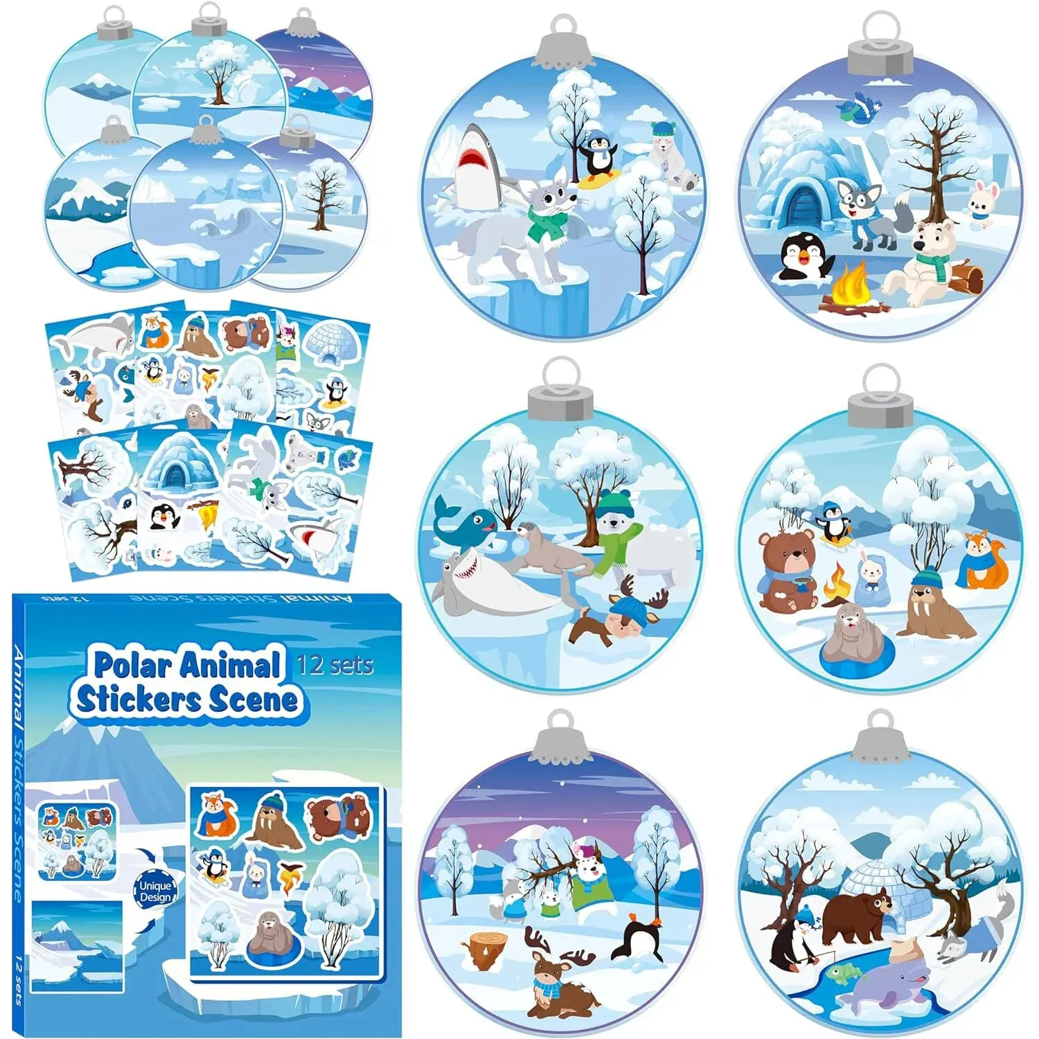 12 Set Winter Polar Animal Stickers Scene for Kids Make A Polar Jar Sticker Scene with Animals Polar Bear Snowy DIY Art Crafts