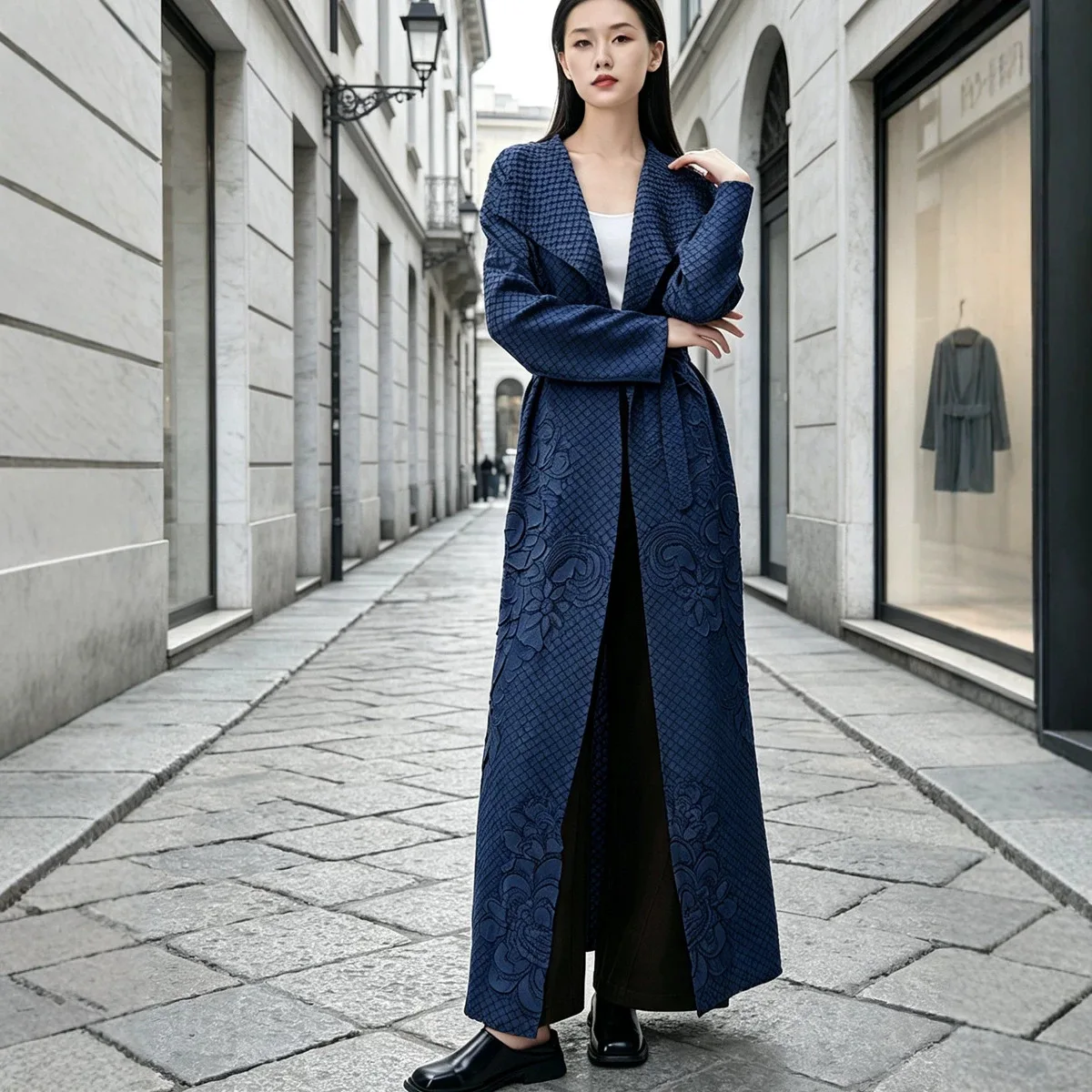 Miyake Women Elegant Long Trench Coat Lapel Belted Waist 3D Floral Embossed Jacquard Maxi Outerwear Fall Winter Luxury Overcoat
