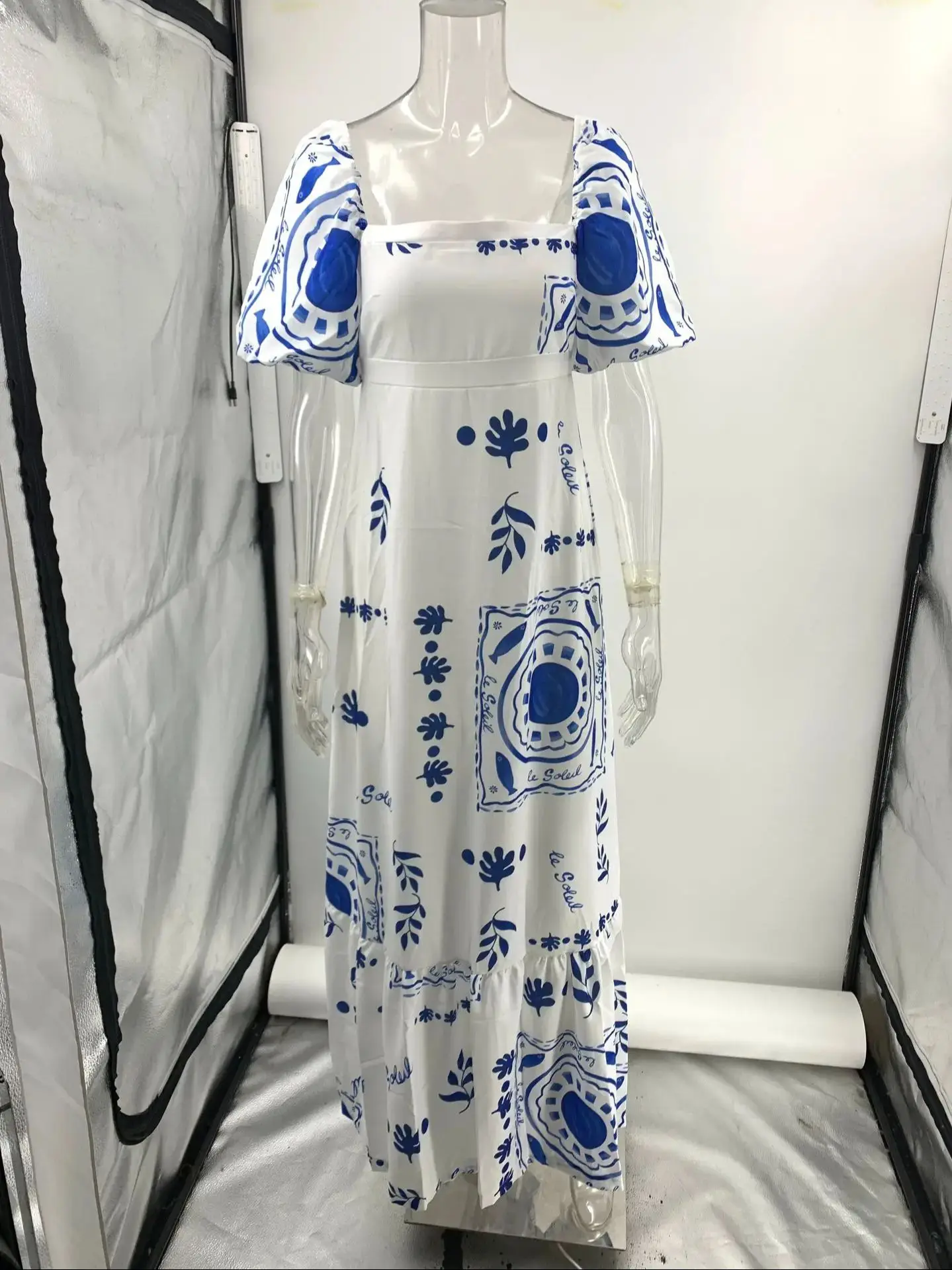 Fashion Square Collar Printed Long Dress Women Elegant Casual Short Puff Sleeved Dresses 2024 Summer Chic Female Vacation Robes