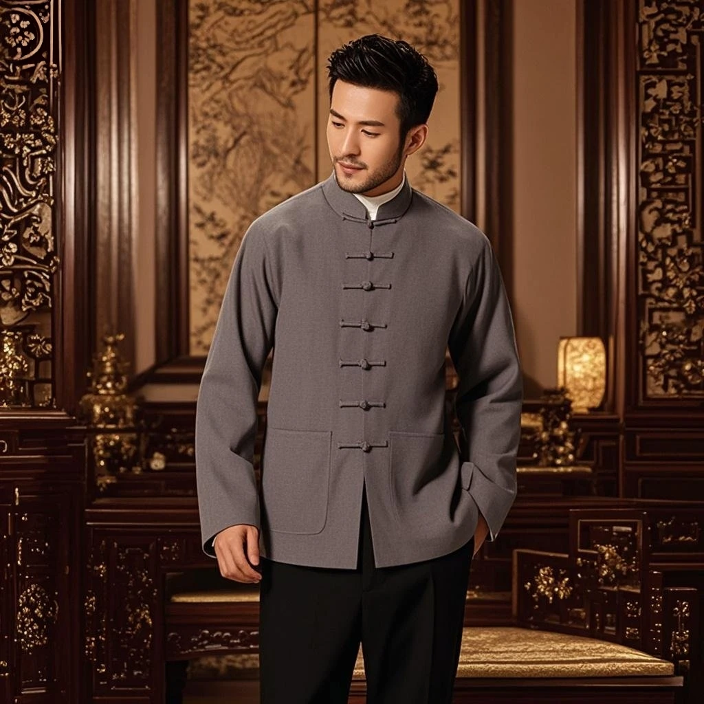 Hanfu Style Design Men’s Slim-Fit Tang Suit Jacket Gray Red Blue Sleek Oriental Coats Mandarin Collar Outerwear Spring 2025