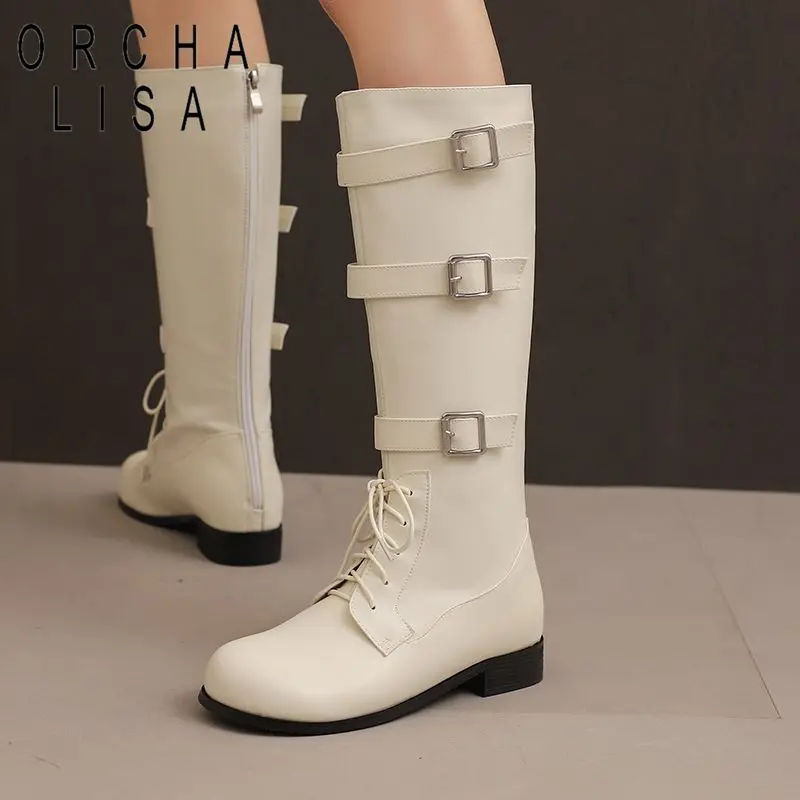 

Fashion Female Knee High Boots Round Toe 3cm Block Heels Zipper Lace Up Buckles Large Size 43 44 45 Riding Autumn