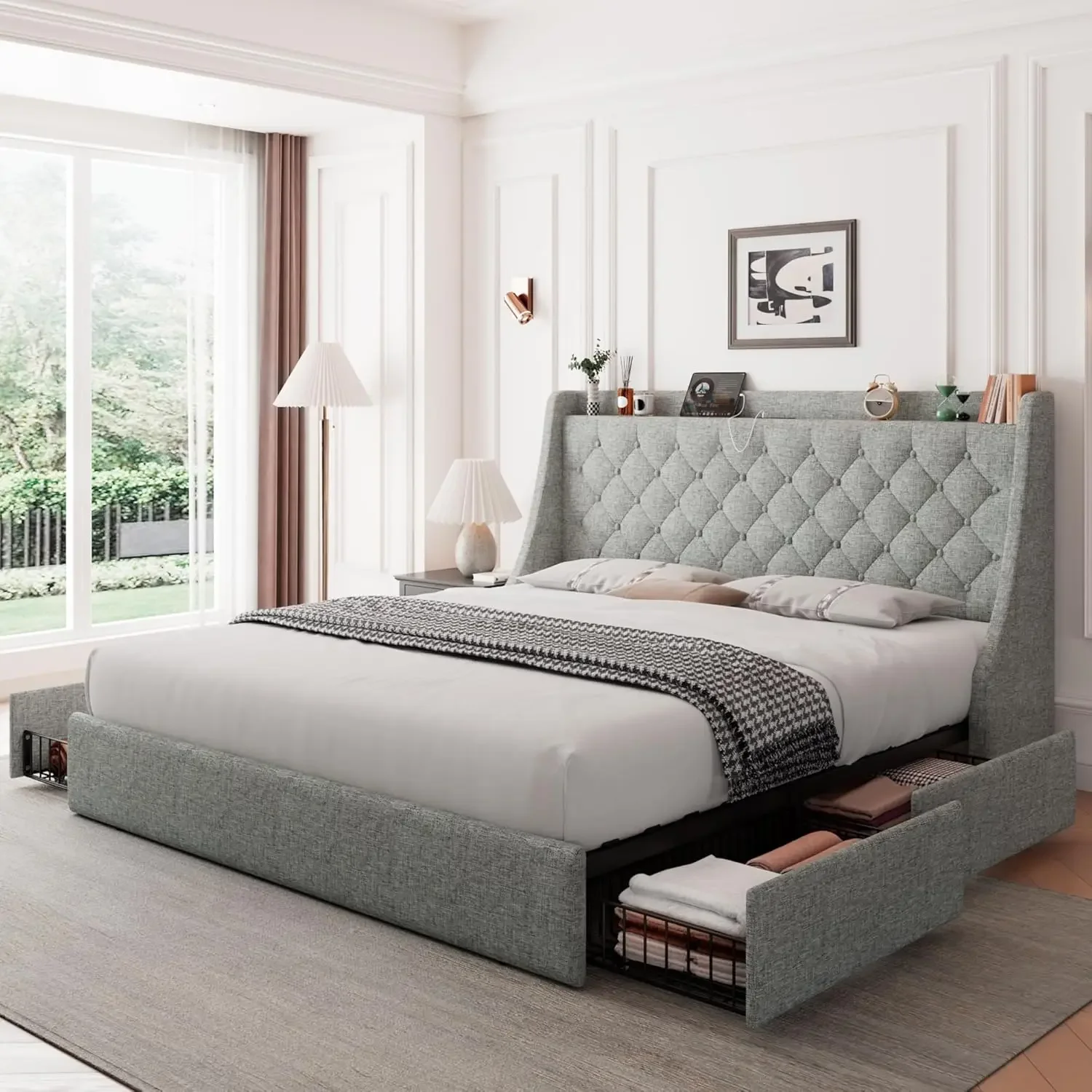 Queen Size Bed Frame with 4 Storage Drawers, Upholstered Storage Bed with Charging Station, Tufted Wingback Storage Headboard
