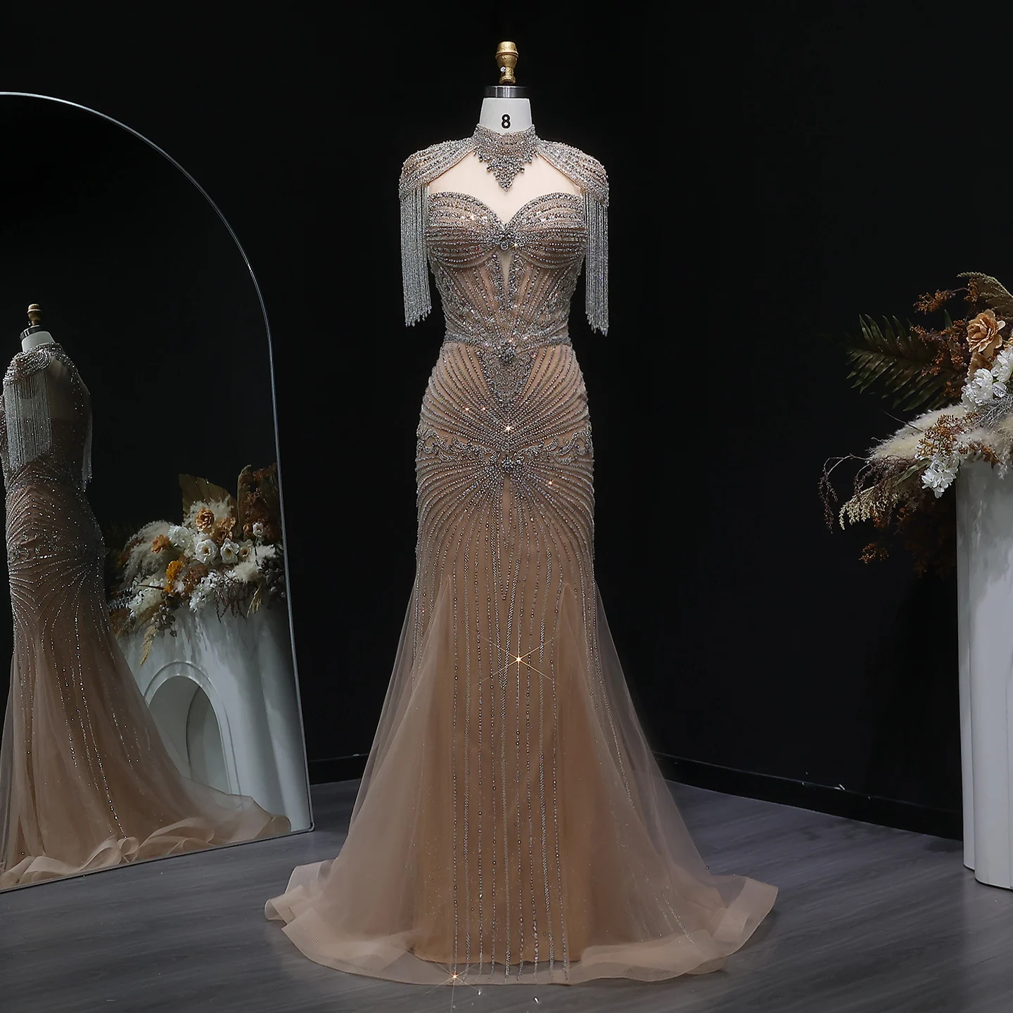 Sharon Said Arabisches Rosa Sweetheart Langes Meerjungfrauen-Abendkleid mit Cape-Quaste für Damen Hochzeitsfeier-Kleider SS190 Maßanfertigung – Detail 20