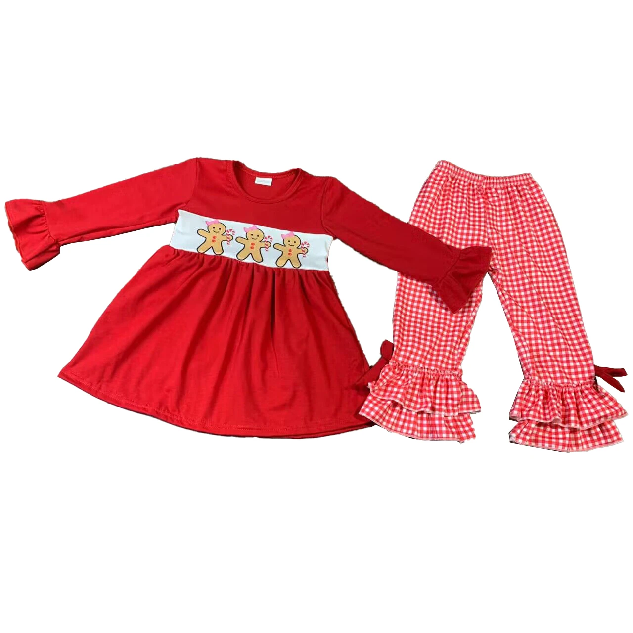 

Wholesale Girls Christmas Clothing Red Long Sleeve Tunic Top Plaid Pants Outfits Girls Ginger Bread Sets