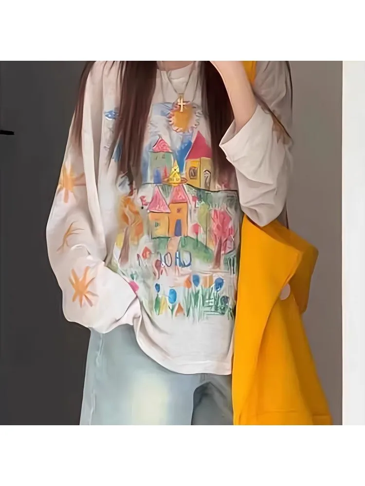 HOUZHOU Vintage Colorful Print Hand-Painted Graffiti Sun-Protective Lightweight Tunic Summer Loose-Fit Relaxed Long-Sleeve Top