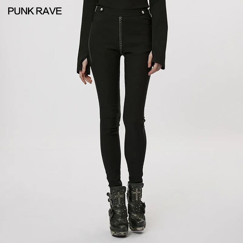 PUNK RAVE Women\'s Handsome Military Uniform Pants Twill Washed Silver Chain Webbing for Decoration Women Trouser Streetwear