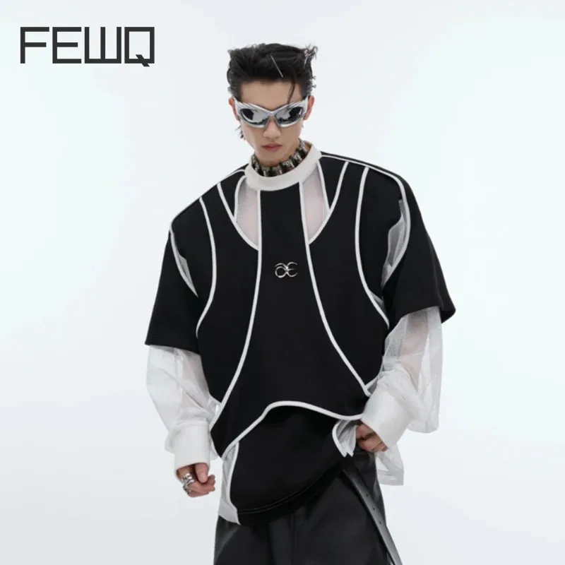 

FEWQ Niche Deconstruction Split Fake Twopiece Design Shoulder Pad Long Sleeved Round Neck Hoodie Metal Splicing Top