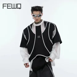 FEWQ Niche Deconstruction Split Fake Twopiece Design Shoulder Pad Long Sleeved Round Neck Hoodie Metal Splicing Top