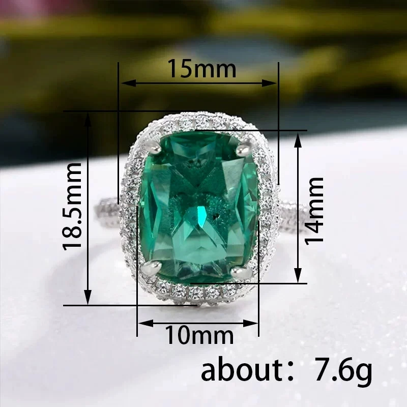 Square Green CZ 925 Sterling Silver Women Ring Elegant Simulated Emerald with Surrounding Diamonds Band Gift Trendy Jewelry