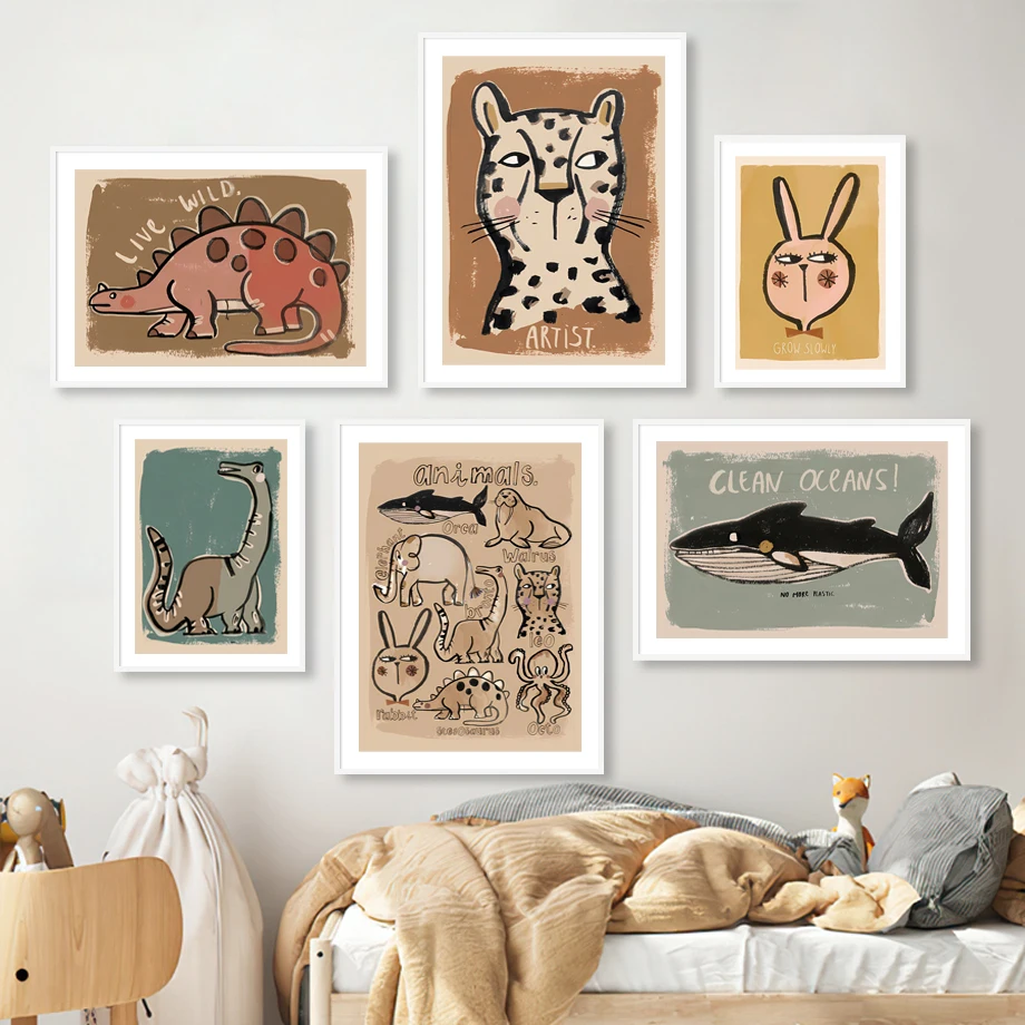 Wild Leopard Rabbit Elephant Shark Dinosaur Wall Art Canvas 