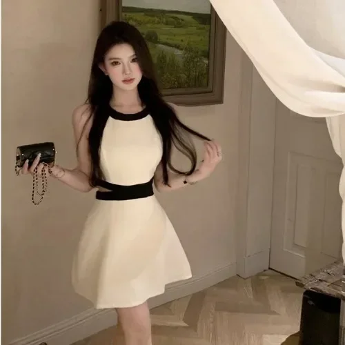 

Gagarich Dress Women Korean Elegant Socialite Style Contrasting Color Patchwork Spring New Slim Hanging Neck A-line Short Dress