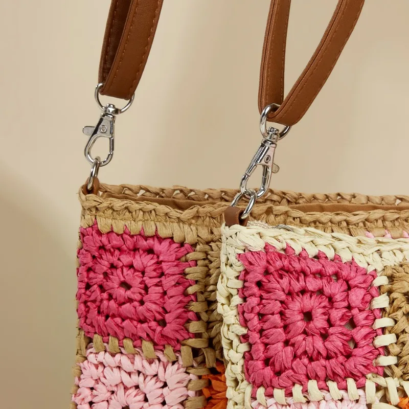 Torba szydełkowa w kontrastowym kolorze damska nowa kolorowy Patchwork słomkowa ręcznie przędza papierowa torba Crossbody w kratę torba plażowa na