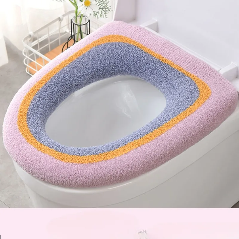 Toilet Seat Cover Winter Striped Warm Soft Popular Bathroom Accessories Household Thicker Reusable WC Pads Daily O-shape Simple