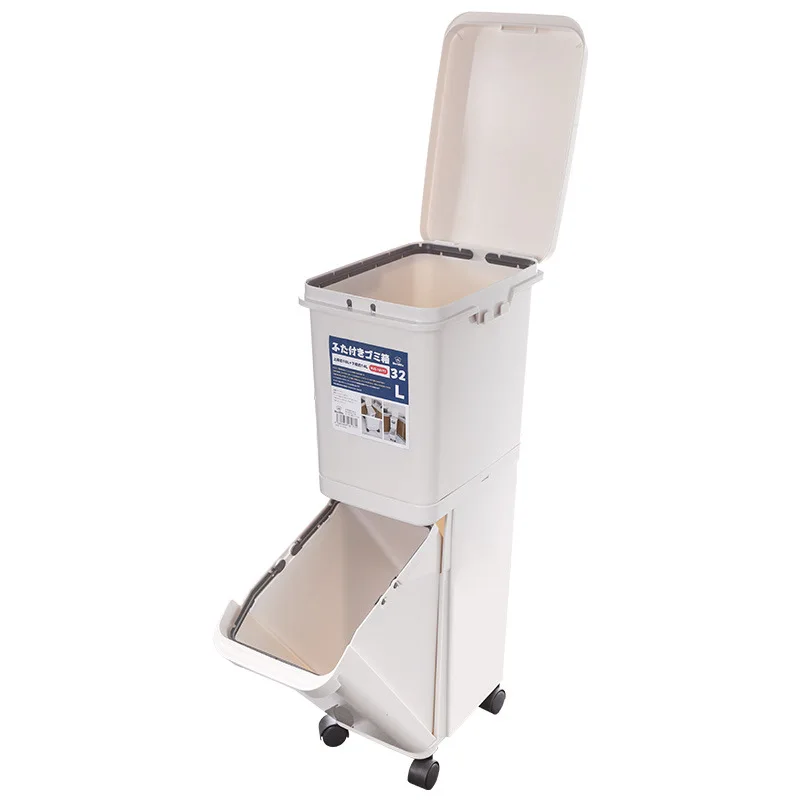 Japanese Home Kitchen Waste Sorting Narrow Gap Dry Wet Separation Storage Bucket Double Layer Plastic with Wheels Garbage Bin