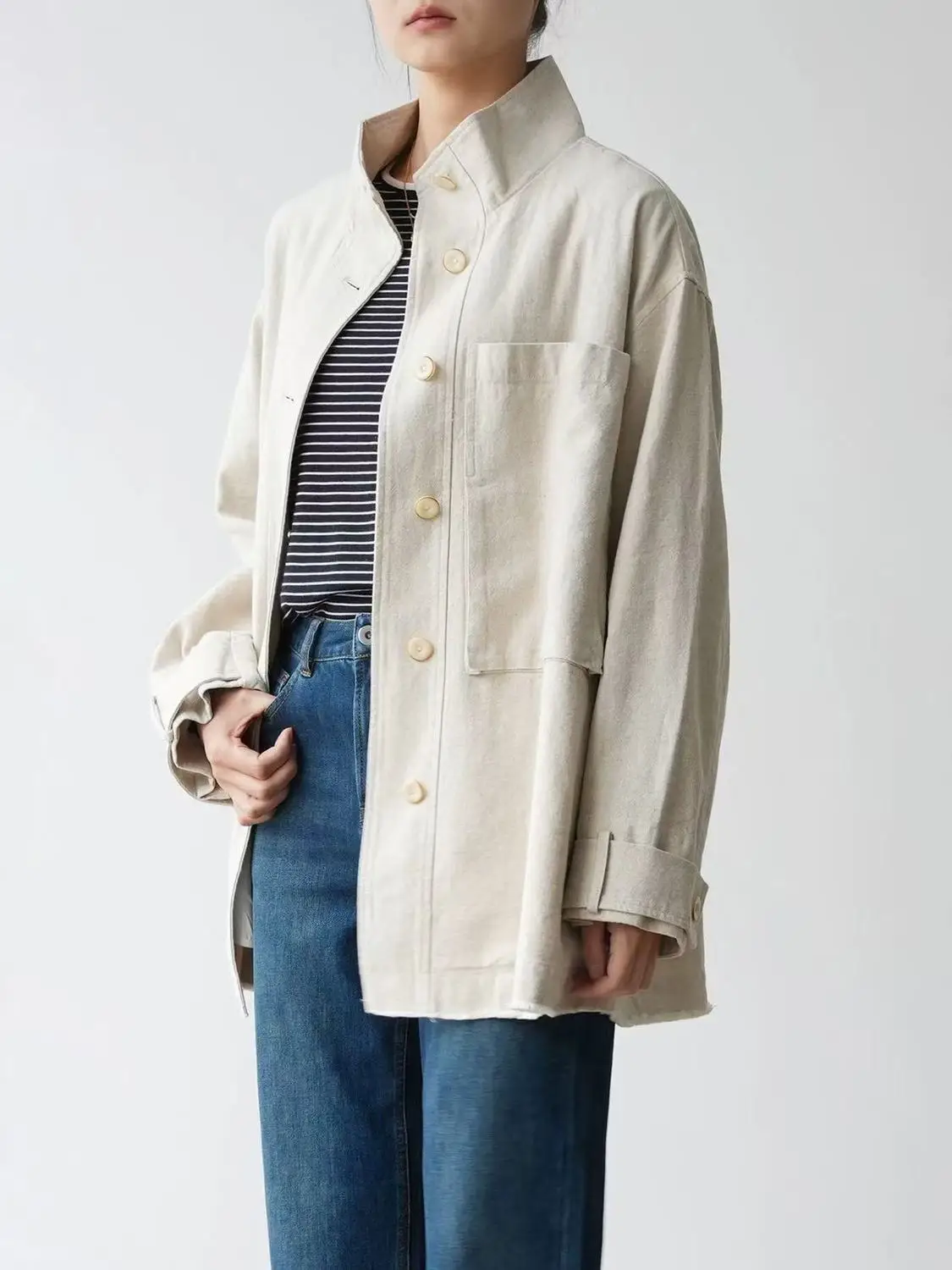 

Dave&di Cotton And Linen Stand Up Collar Large Pocket Loose Silhouette Mid Length Jacket Windbreaker Women's Jacket Woman