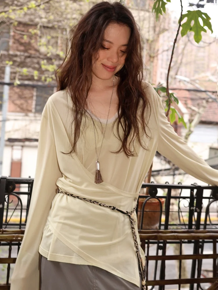 

Легкая футболка Super Scape из ацетата Cool Feeling U-образного выреза Blo Long Sve, свободная летняя одежда для поездок на работу