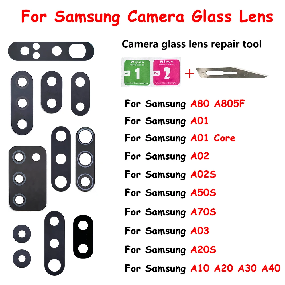 Lente de câmera traseira de vidro para samsung a01, núcleo a03, a02, a02s, a03s, A10, a10s, a20, a20s, a30, a40, a50, a50f, a50s, a70, a70s, a80, 10 peças