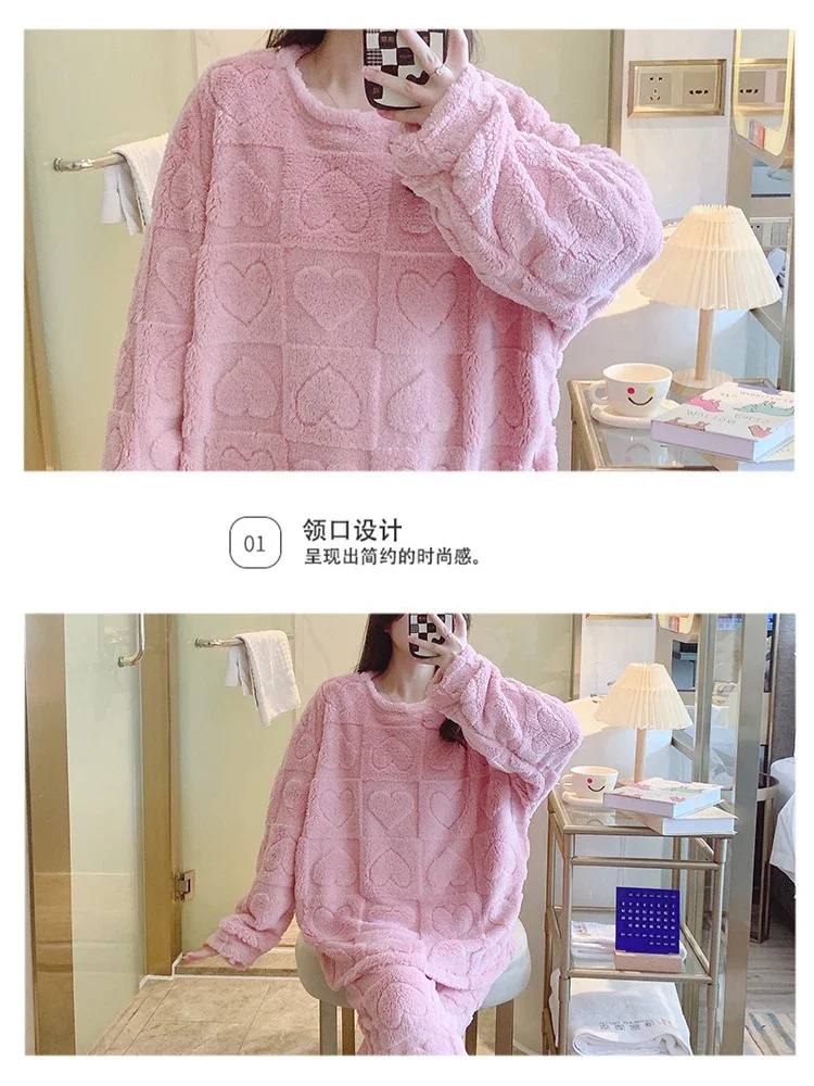 5XL Large Size Pajamas Set Women's Winter Coral Fleece Thickened Homesuit Cuasal Loose Sleepwear Loungewear Can Be Worn Outside