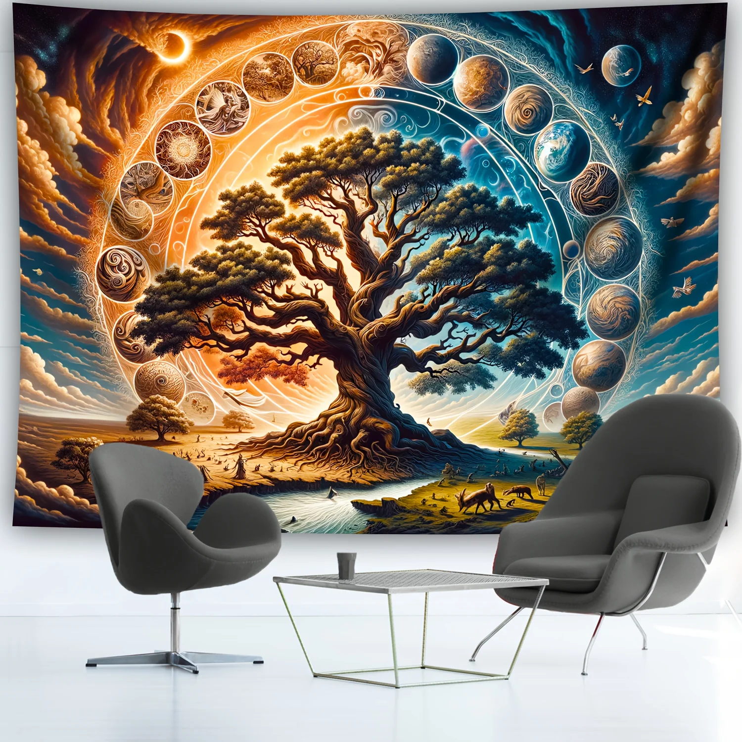 Large Cosmic Tree Tapestry Boho Wall Hanging Canvas Print Fantasy Nature Room Decor Atmospheric Psychedelic Mural Art
