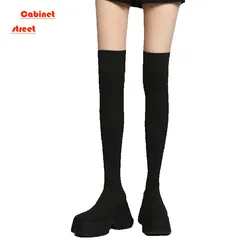 Plus Size 2024 New Long Women's Knee High Boots Thick Heel Knitted Elastic High Heels Two Wear Elastic Wool Cotton Women Boots