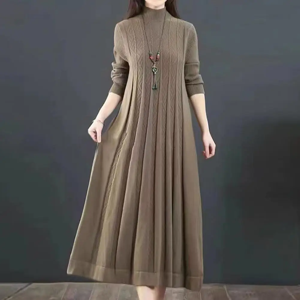 

Women Fall Winter Dress Knitted A-line High Collar Dress Neck Protection Thick Warm Long Sleeve Pleated Midi Dress