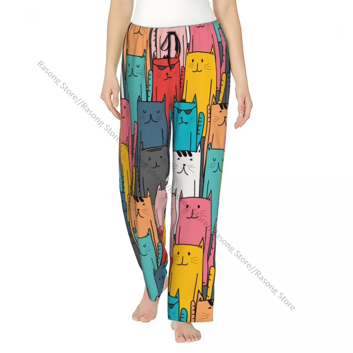 

Теплые женские пижамные штаны, красочные кошачьи художественные фланелевые штаны для сна, мягкая флисовая домашняя одежда