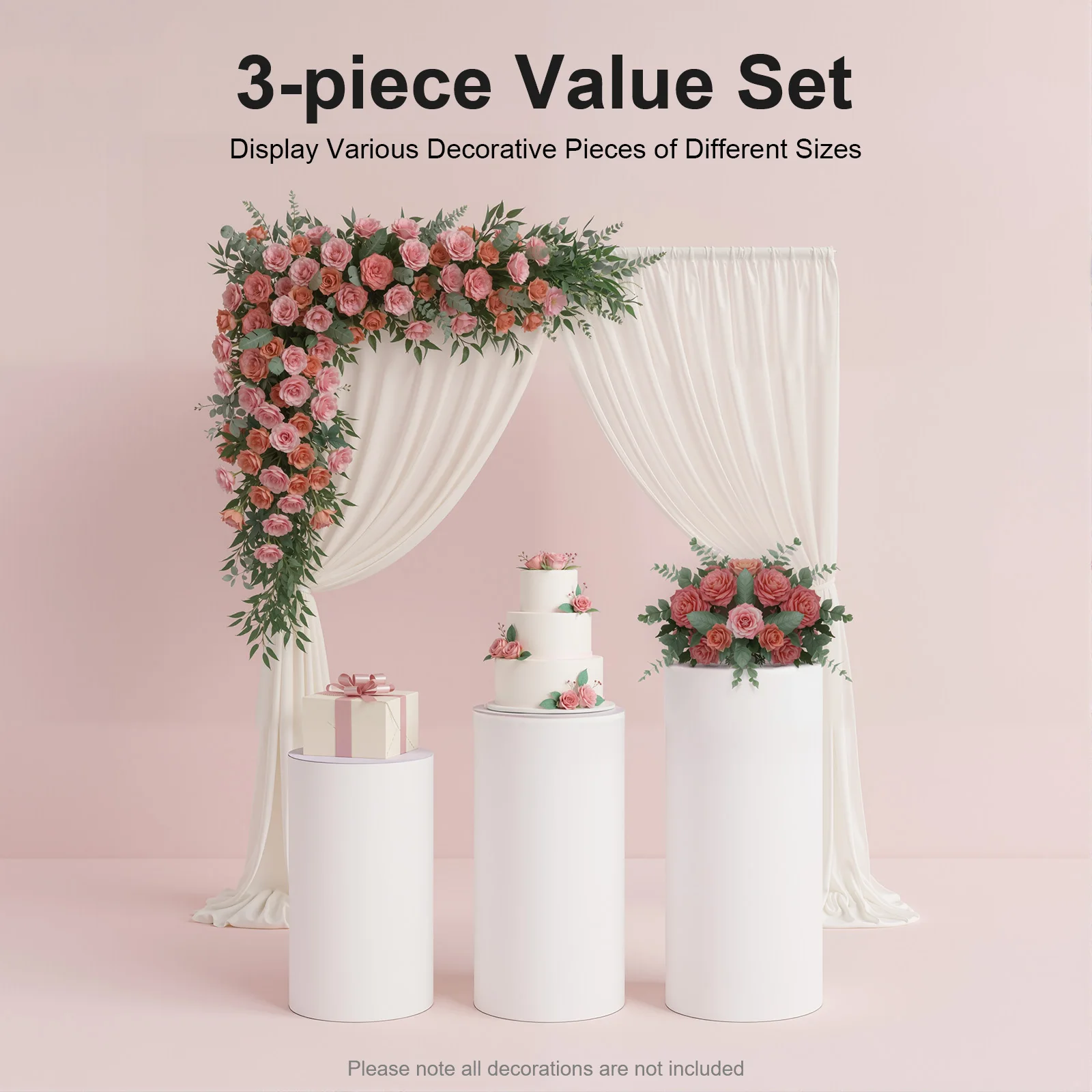 Pedestal Display Stand, Cylinder Pedestal Stand, 3pcs Pedestal Stand, Modern White PVC Acrylic, Cake Art Flower Candle Display, Wedding Birthday Baby Shower Graduation Store Event, Free Standing Set, Strong Load-Bearing, 3 Sizes