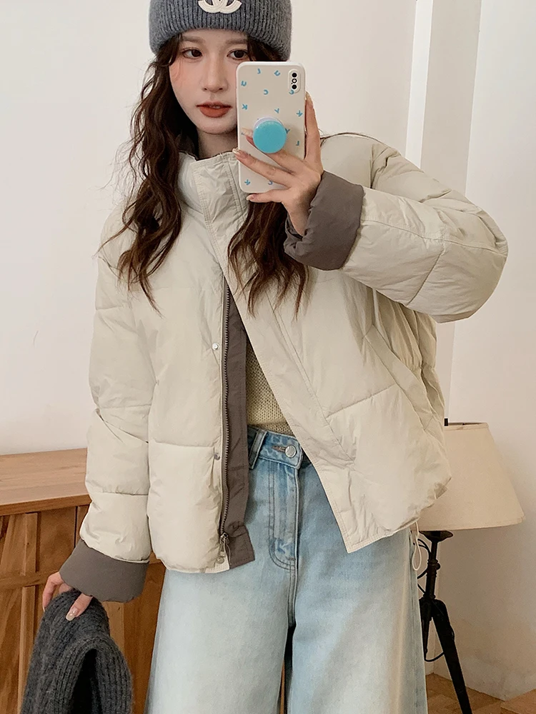 Koreanische Süße Warme Parkas Frauen Mode Langarm Winter Dicke Baumwolle Mantel Beiläufige Lose Stehkragen Taschen Weibliche Chic Jacke