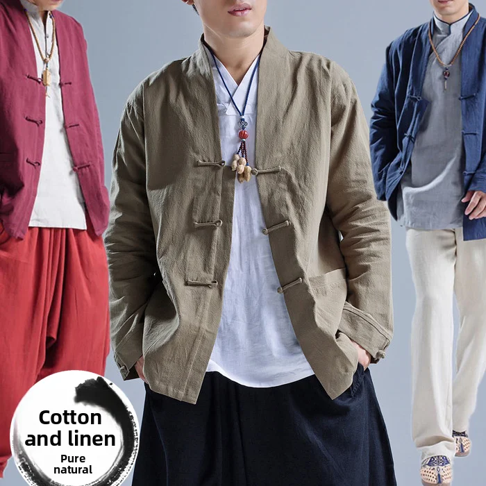 

Casual Cotton Linen Men's Spring Autumn Jaet Open Cardigan Retro Chinese Sle Loose Fit irt with Button Design Faionab...
