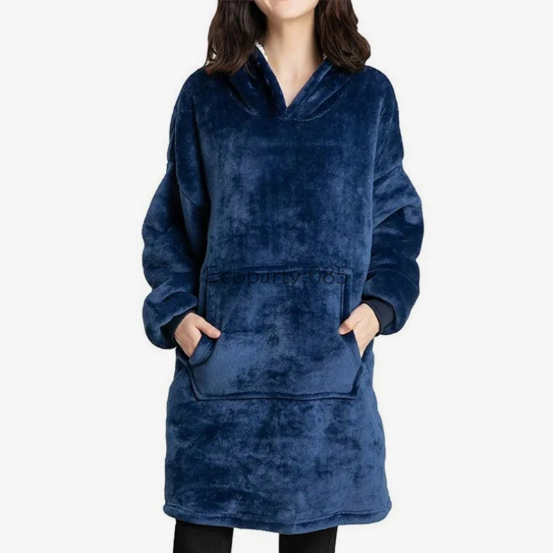 Winter Fleece Outdoor Cold Warm Pajama Tops Soft Home Solid Color Pockets Hooded Pullover Clothes Thick Plush Sleepwear Homewear