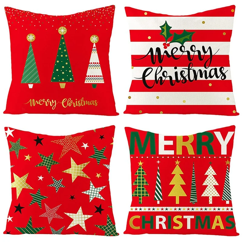 

Christmas Cushion Covers Set Of 4 Linen Christmas Pillow Cases 18 X 18 Inch Xmas Design Throw Pillow Cases For Sofa