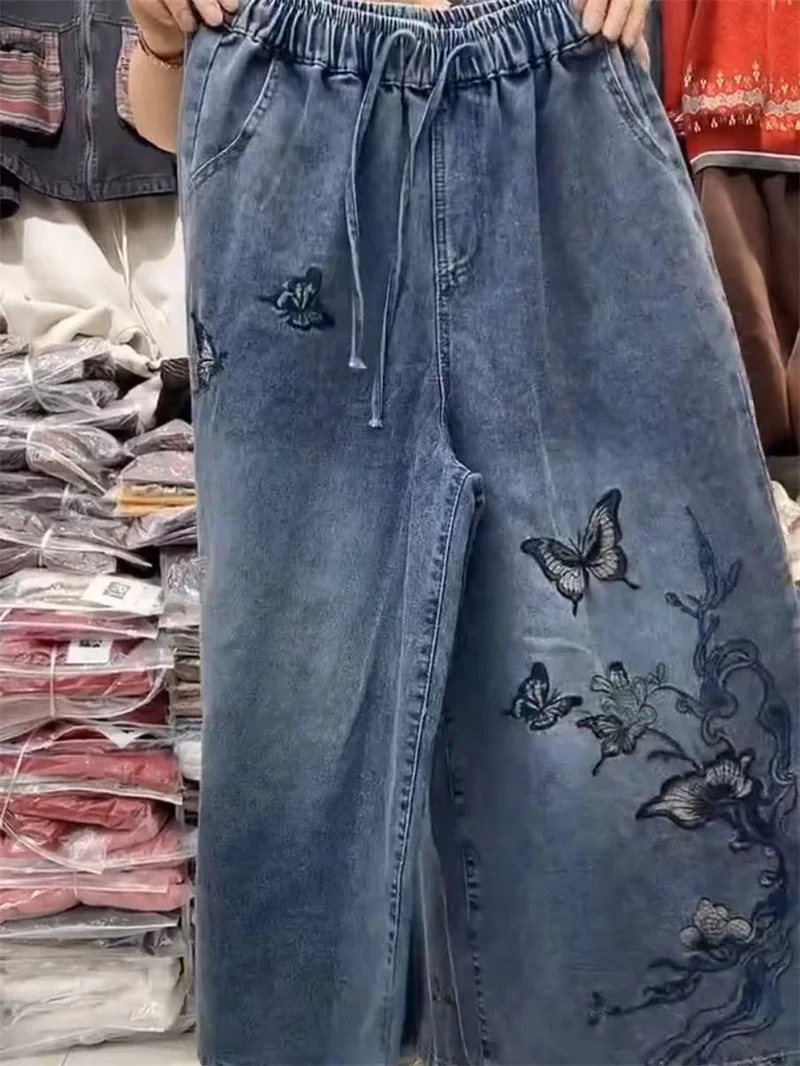 2025年ニューレトロアート中華風重工業刺繍入りカウボーイワイドレッグパンツ（伸縮性9％）女性用