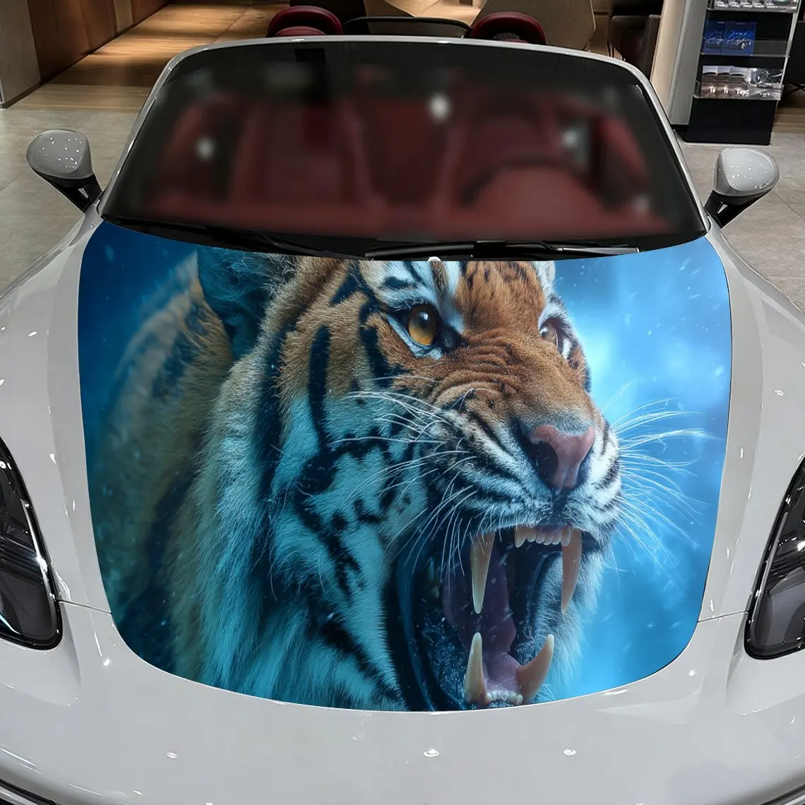 Powerful Ice Fiery Tiger Car Hood Stickers - Self-Adhesive, Waterproof and Durable Vinyl Wrap, Decorate And Protect Your Car - T