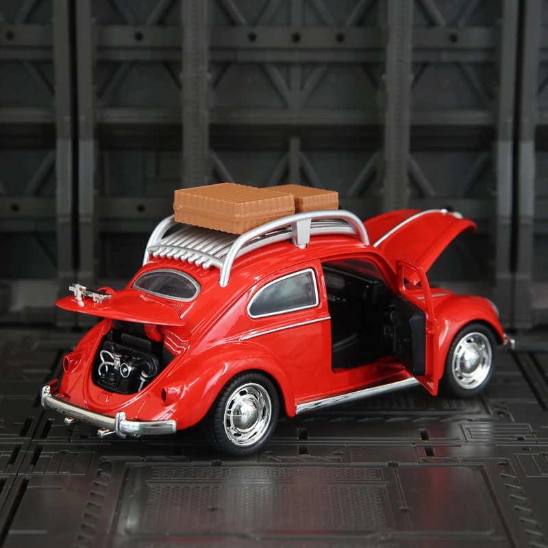 1:32 portas modelo de carro em liga Volkswagen Beetle e capô do motor, o porta-malas pode ser aberto detalhes ricos, acabamento fino
