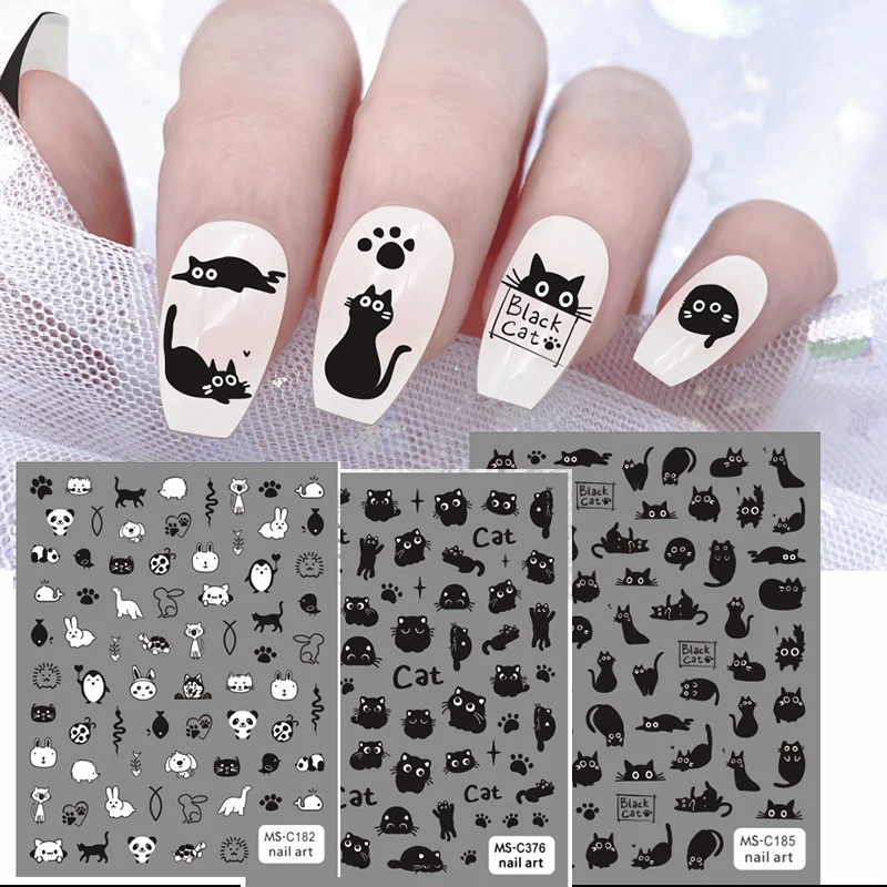 Black Cat Nail Stickers Halloween Decoration Cute Cartoon Monsters Kitten Dog Nail Decals Colorful Graffiti Design Manicure