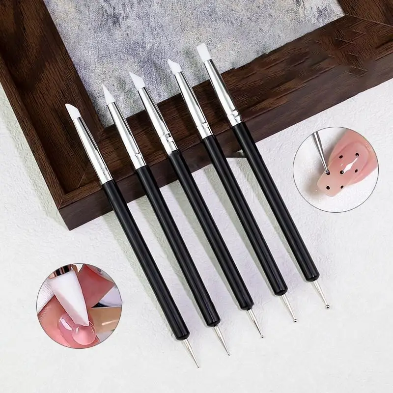 5Pcs Double-Headed Silicone Nail Art Pens Rhinestones Picker 3D Nail Carving Dotting Manicure Tools For Nail Art Design