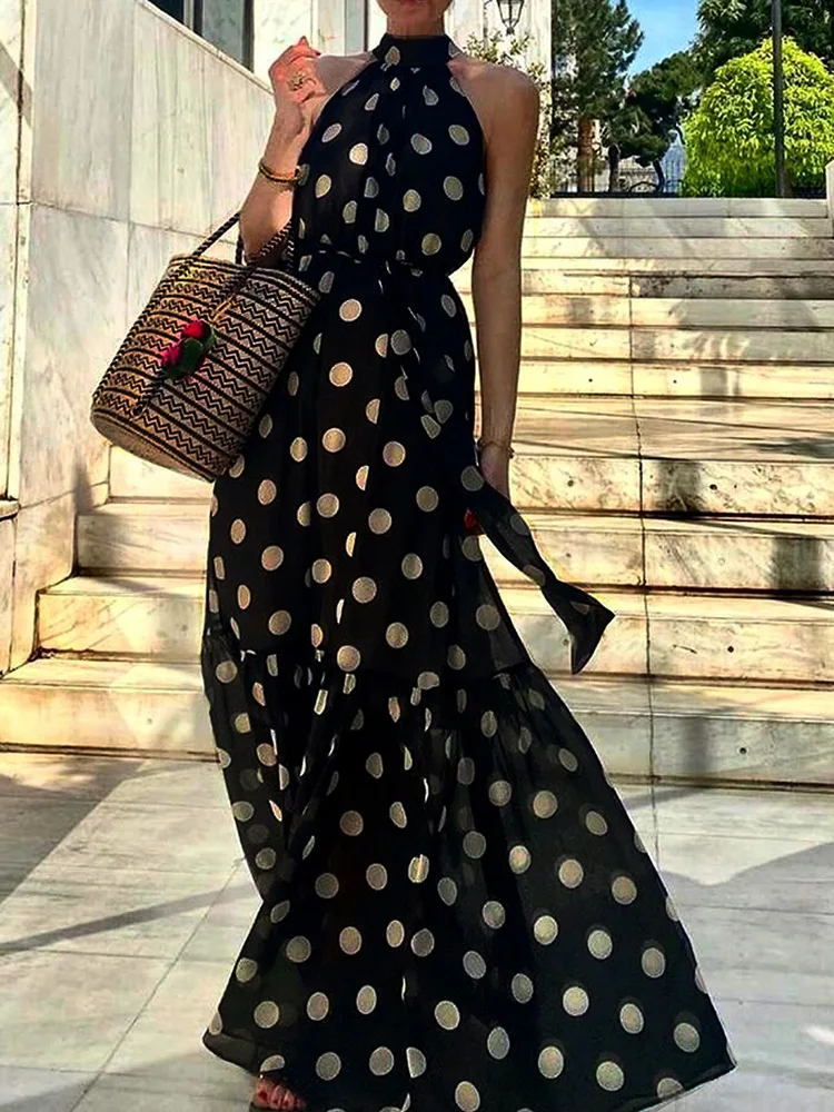 

New Halter Lace-Up Patchwork Maxi Dress, Women Summer Sleeveless Fashion Chic Party Dress, 2025 Dot Printing Simple Ladies Dress